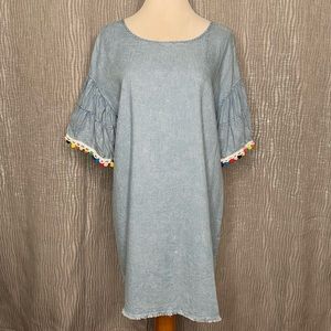 Impeccable Pig chambray pom sleeve dress